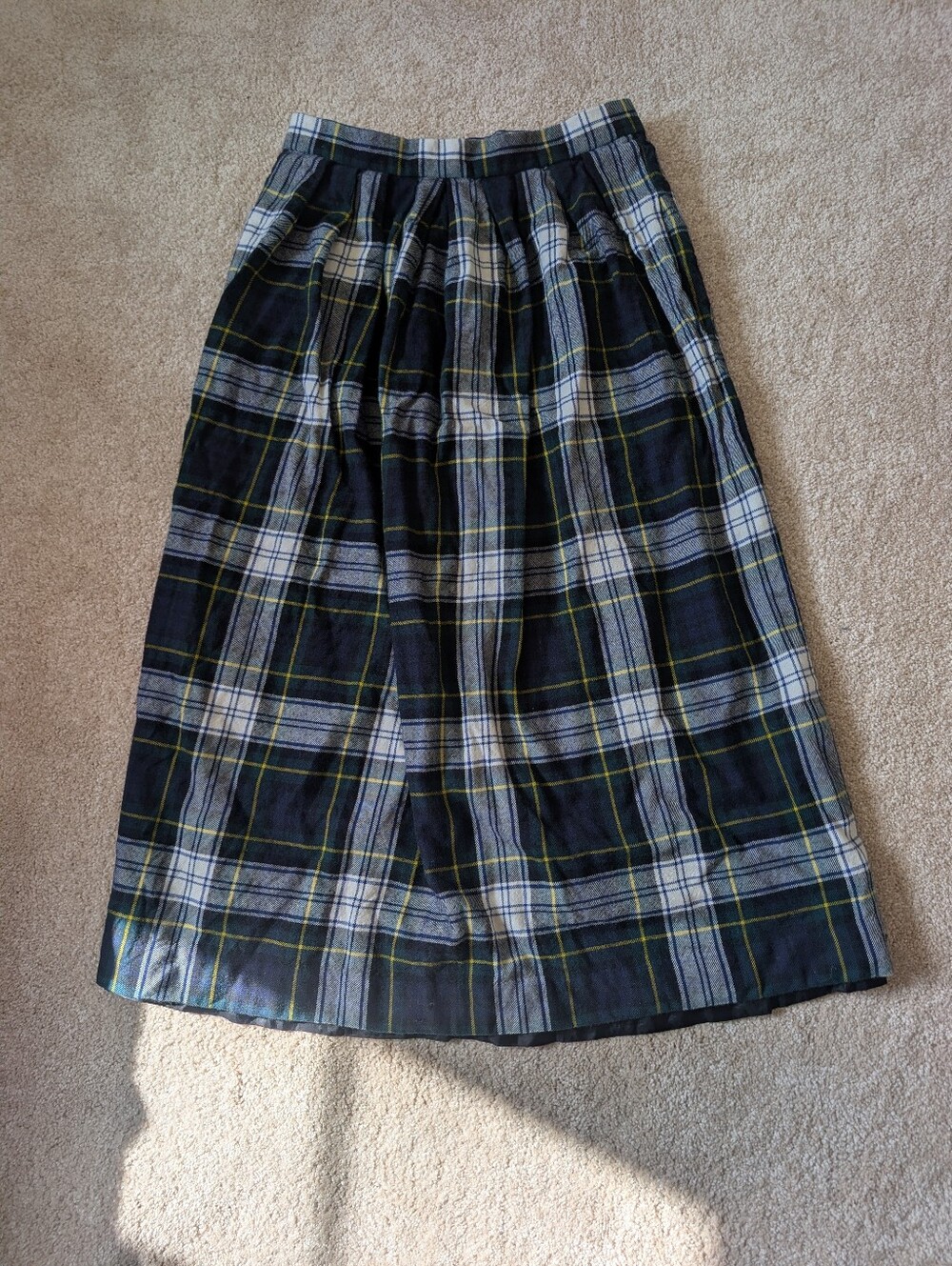 Vintage Lands' End Blue Green White Yellow Wool Plaid Pleated Midi A-Line Skirt